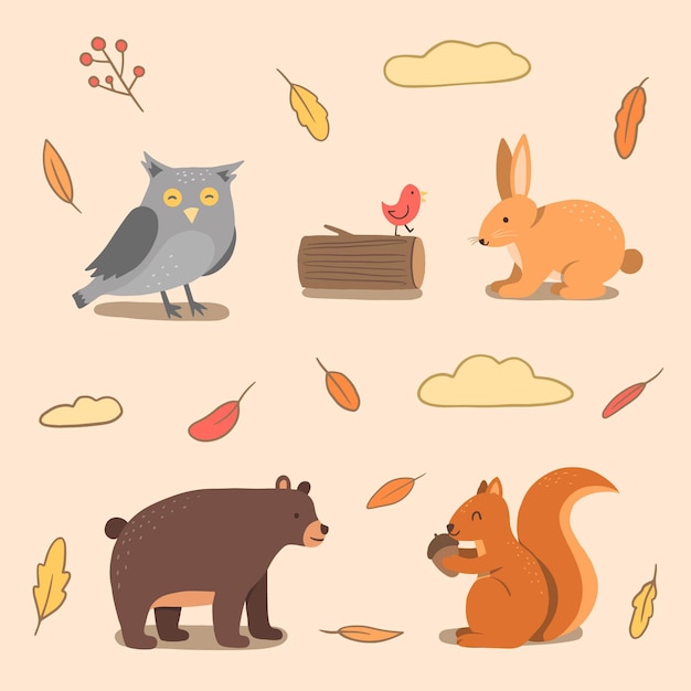 Vector gratuito colección de animales del bosque otoñal