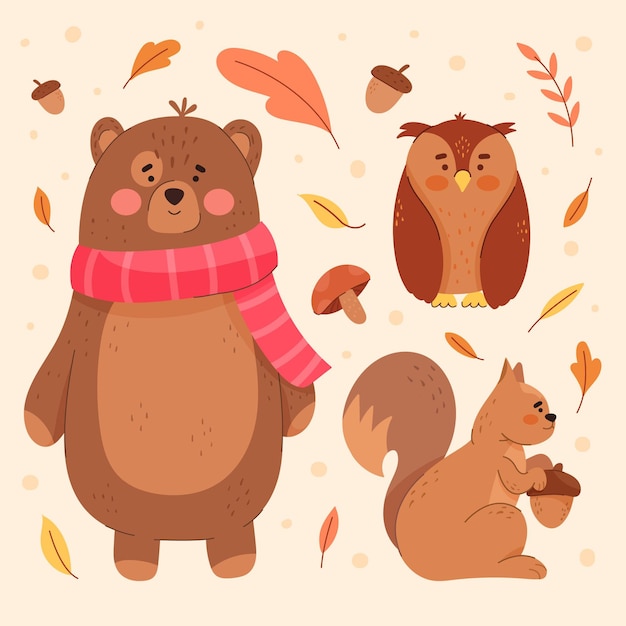Colección de animales del bosque otoñal