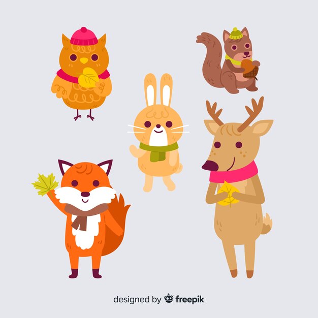 Colección de animales del bosque otoño dibujado a mano