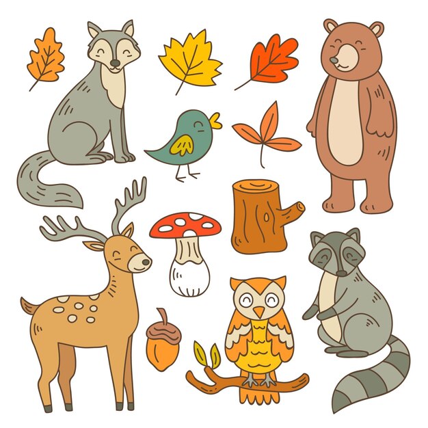Colección de animales del bosque otoño dibujado a mano