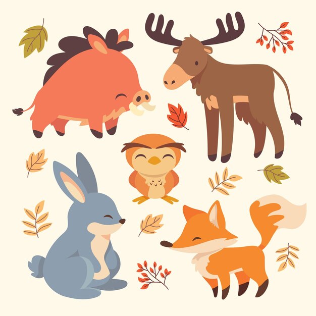 Colección de animales del bosque otoño dibujado a mano