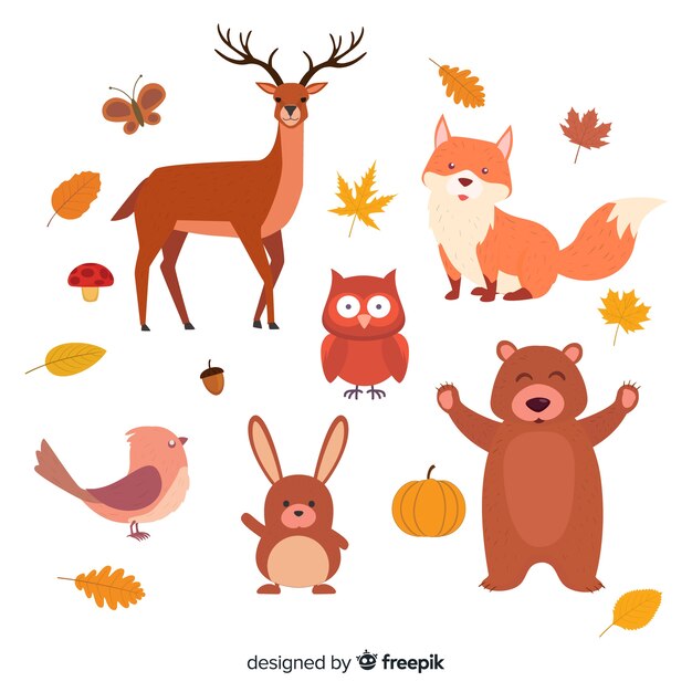 Colección de animales de bosque en otoño en diseño plano