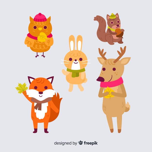 Colección de animales forestales de otoño dibujados a mano