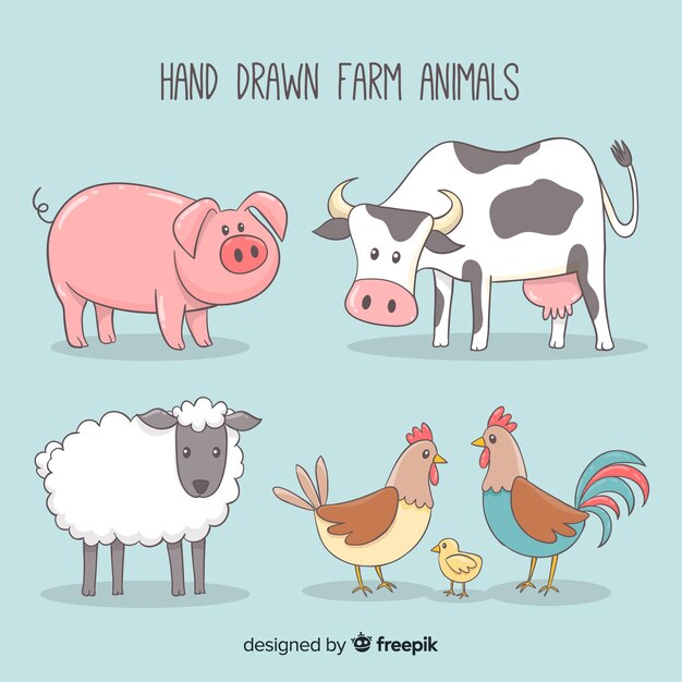 Colección de animales de granja dibujado a mano