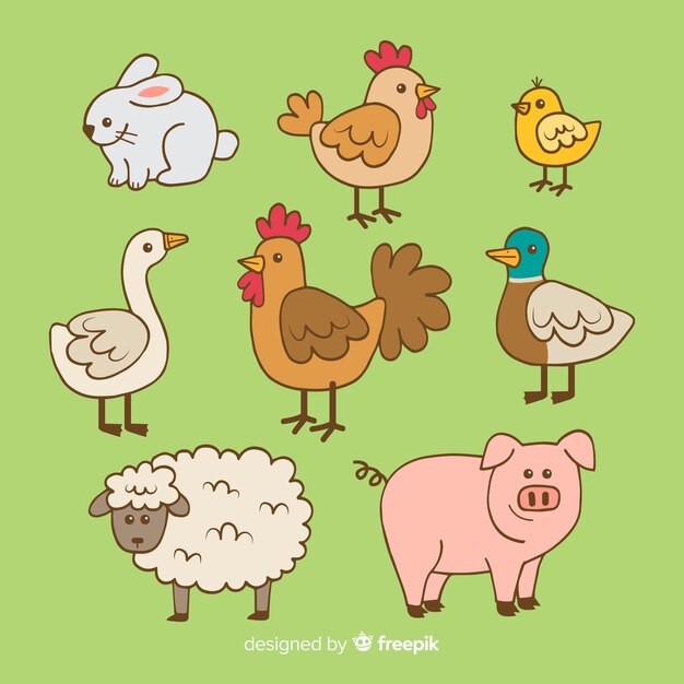 Colección de animales de granja dibujado a mano