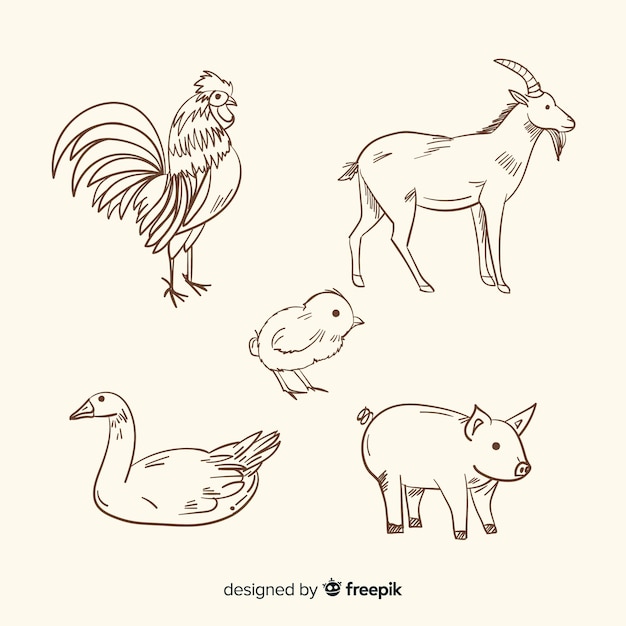 Vector gratuito colección de animales de granja dibujado a mano