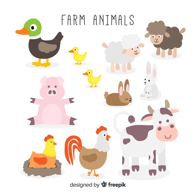 Colección de animales de granja dibujados a mano