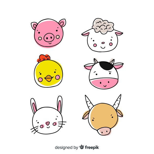Colección de animales de granja dibujados a mano