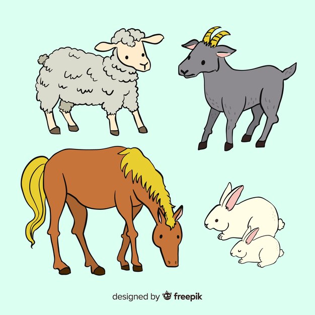 Colección animales de granja dibujados a mano