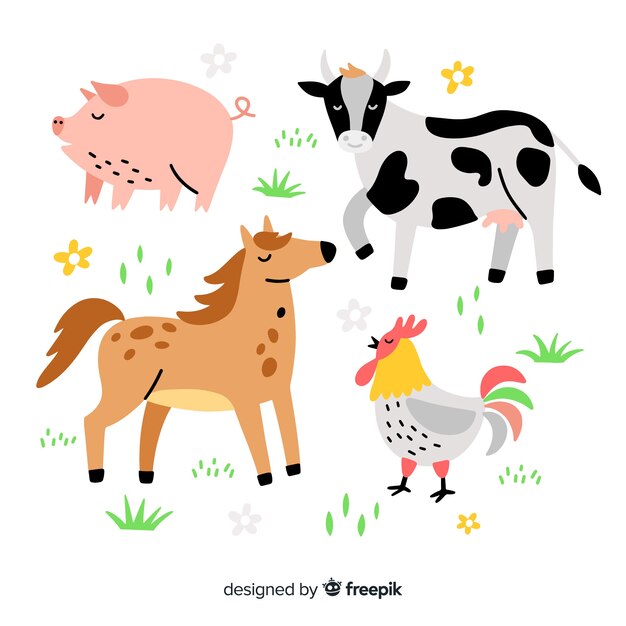 Colección de animales de granja dibujados a mano