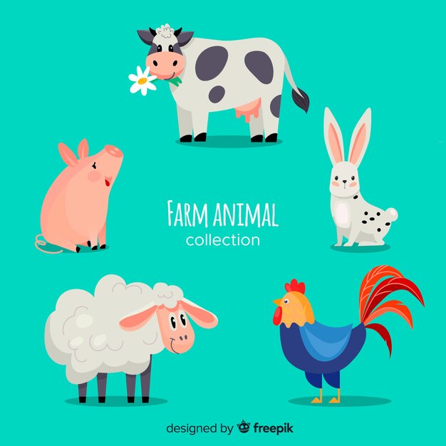 Colección de animales de granja en diseño plano