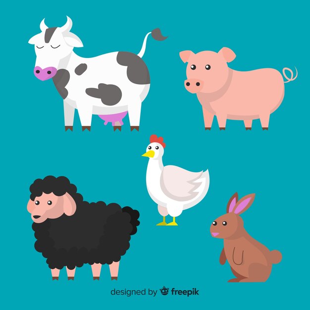Colección de animales de granja en diseño plano