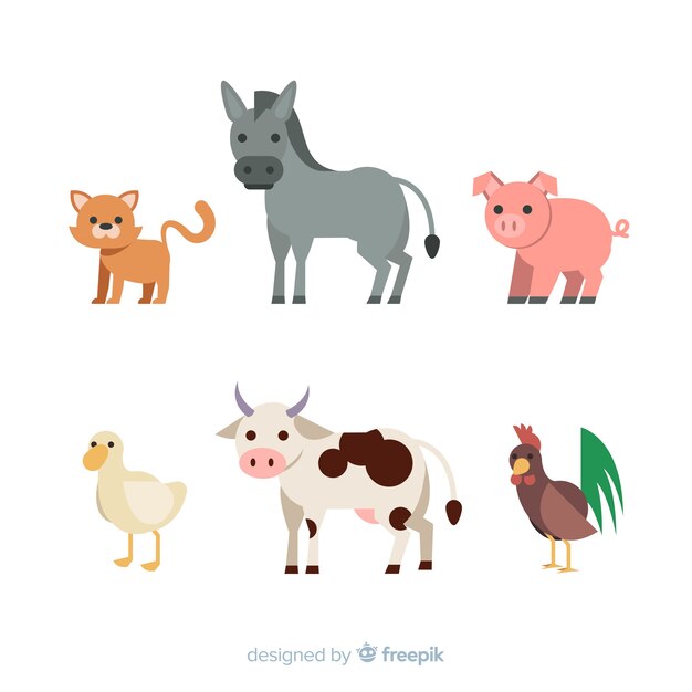 Colección de animales de granja en diseño plano