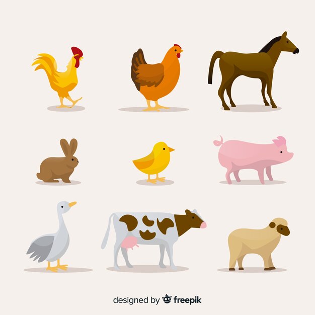 Colección de animales de granja en diseño plano