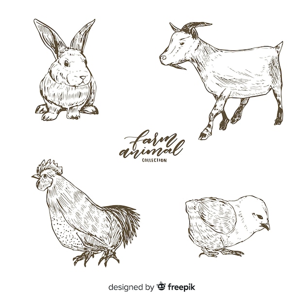 Colección de animales de granja en estilo dibujo a mano