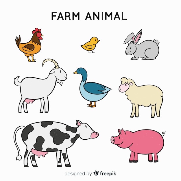 Vector gratuito colección de animales de granja en estilo dibujo a mano