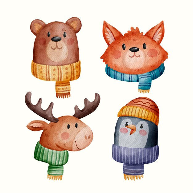 Colección de animales de invierno en acuarela