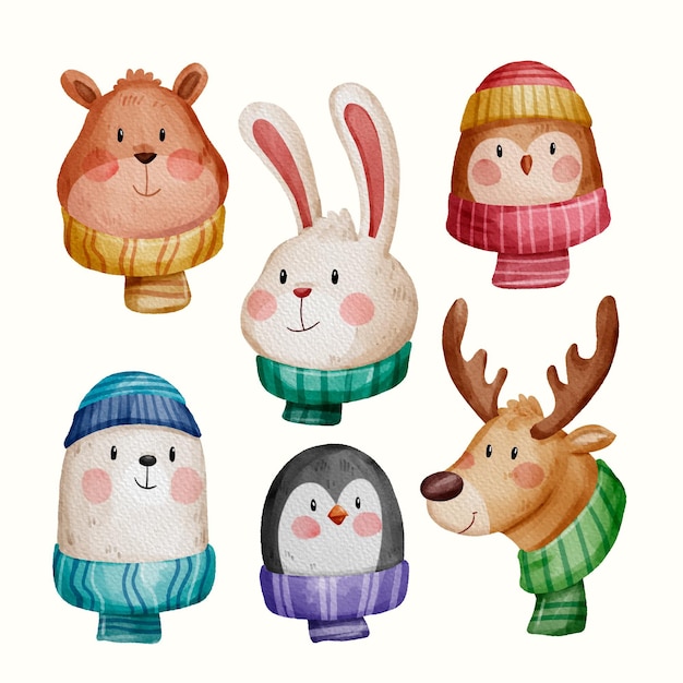 Colección de animales de invierno en acuarela