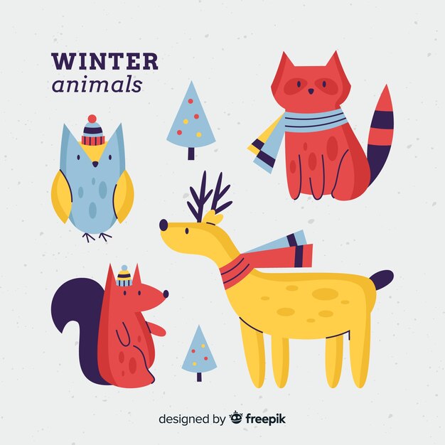 Colección animales invierno dibujados a mano