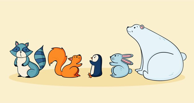 Colección animales de invierno dibujados a mano