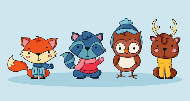 Colección animales de invierno dibujados a mano