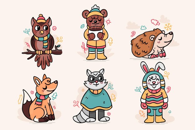 Colección animales de invierno dibujados a mano