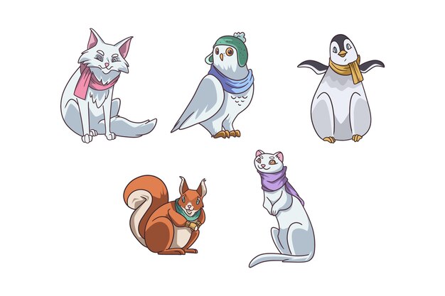Colección animales de invierno dibujados a mano