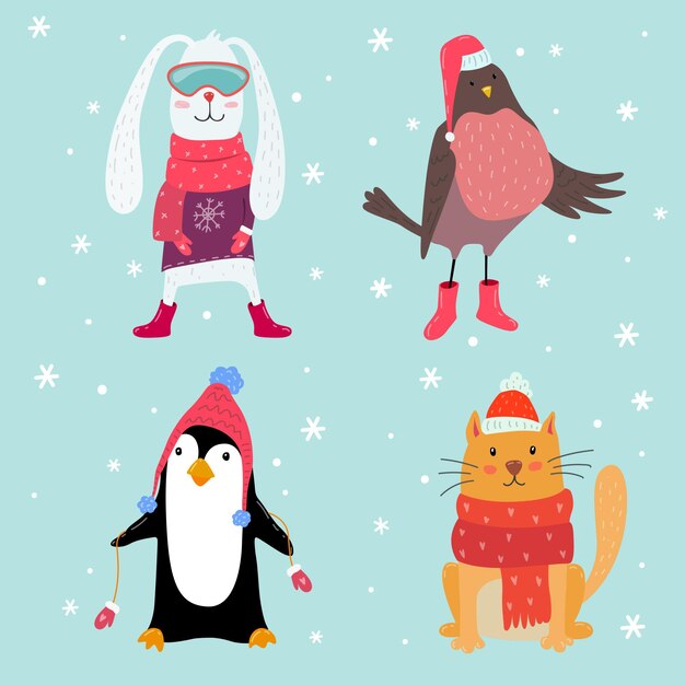 Colección animales de invierno dibujados a mano