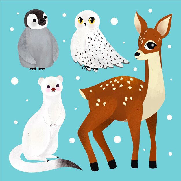 Colección animales de invierno dibujados a mano