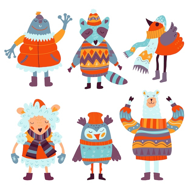 Colección animales de invierno dibujados a mano
