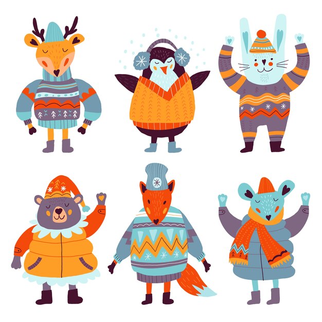 Colección animales de invierno dibujados a mano