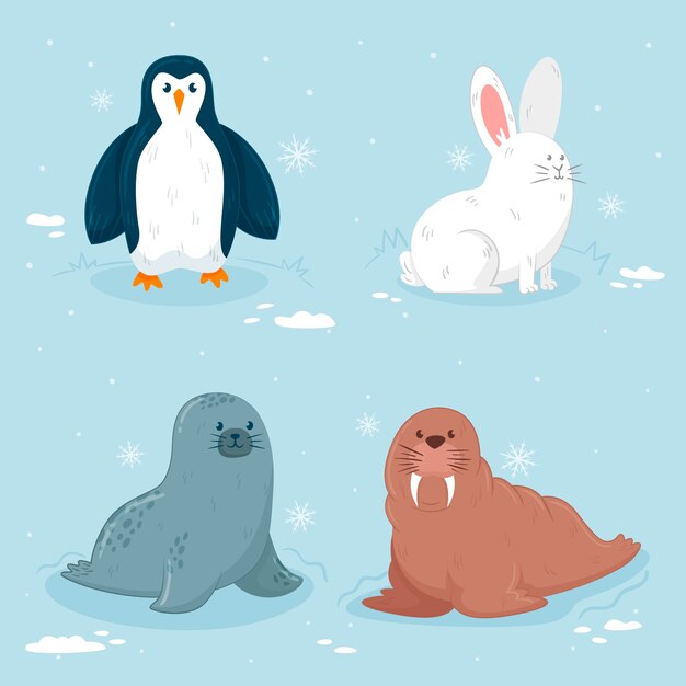 Colección animales de invierno dibujados a mano