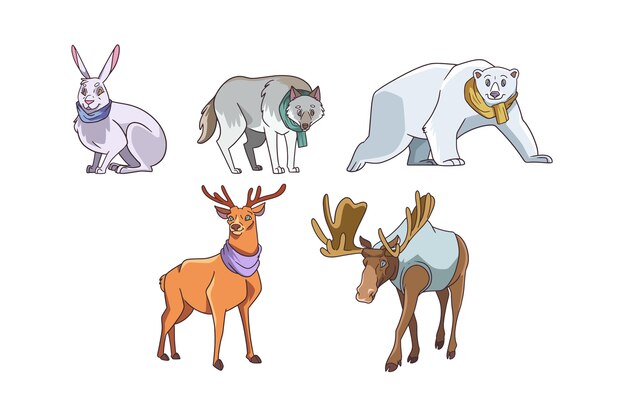 Colección animales de invierno dibujados a mano