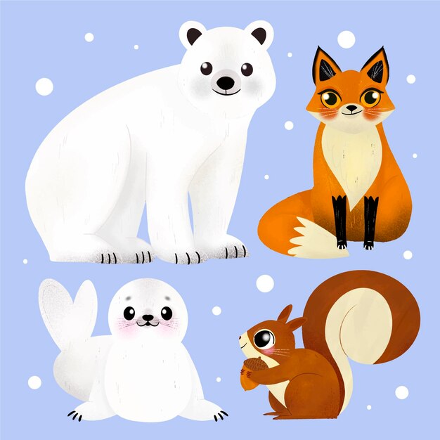 Colección animales de invierno dibujados a mano