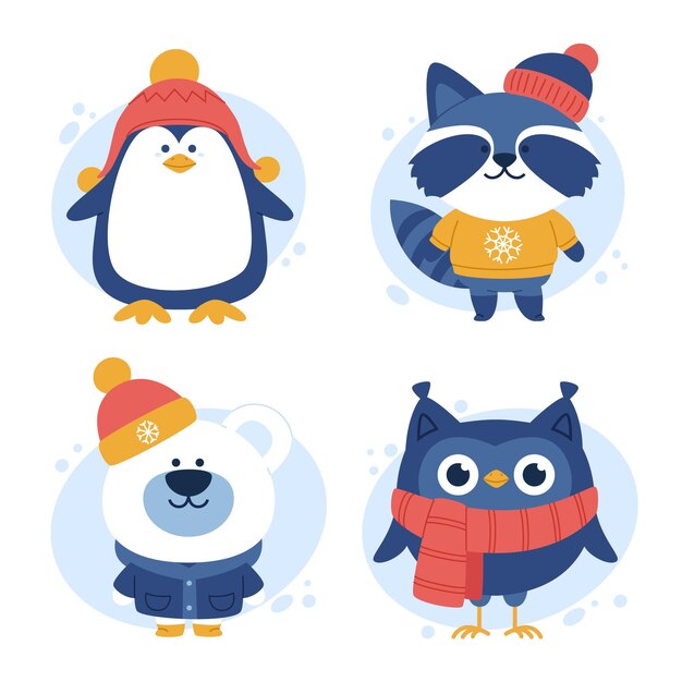 Colección animales de invierno planos dibujados a mano