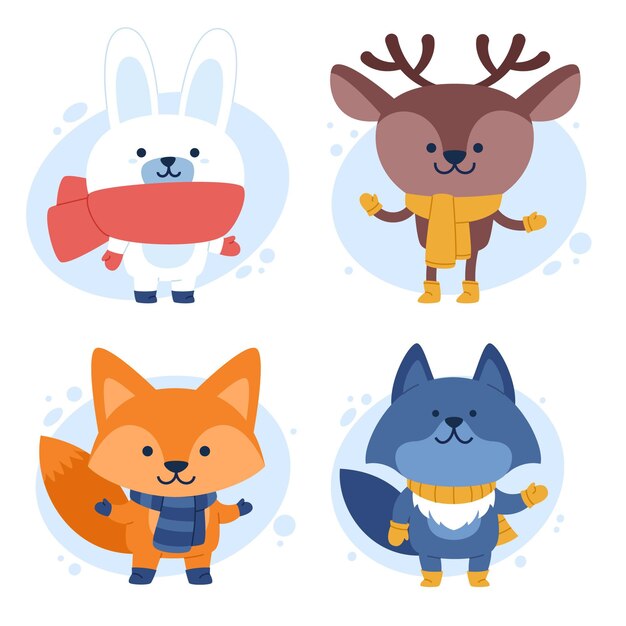 Colección animales de invierno planos dibujados a mano