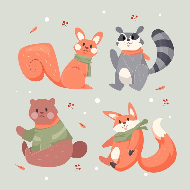 Colección animales de invierno planos dibujados a mano