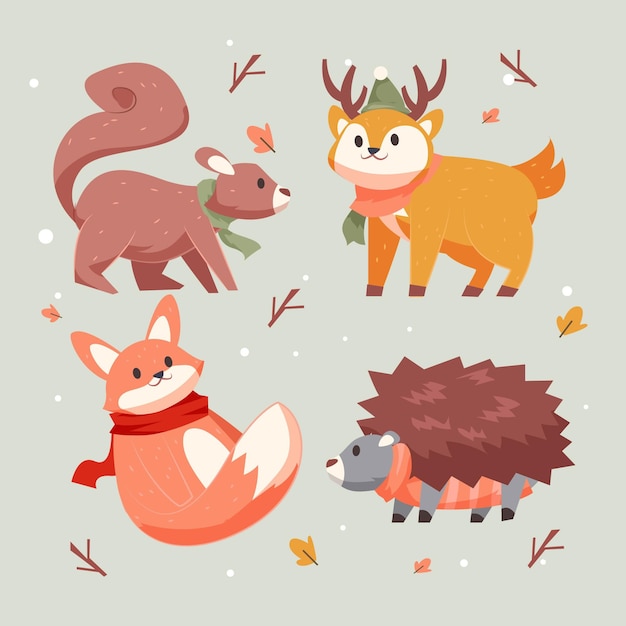 Vector gratuito colección animales de invierno planos dibujados a mano