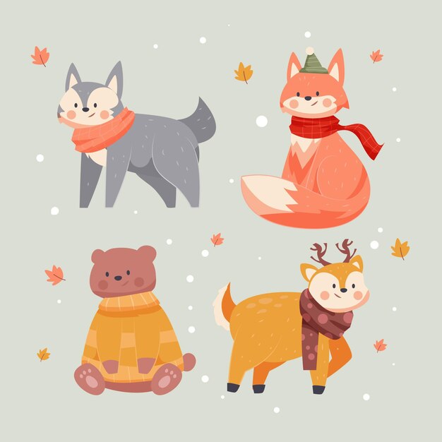 Colección animales de invierno planos dibujados a mano