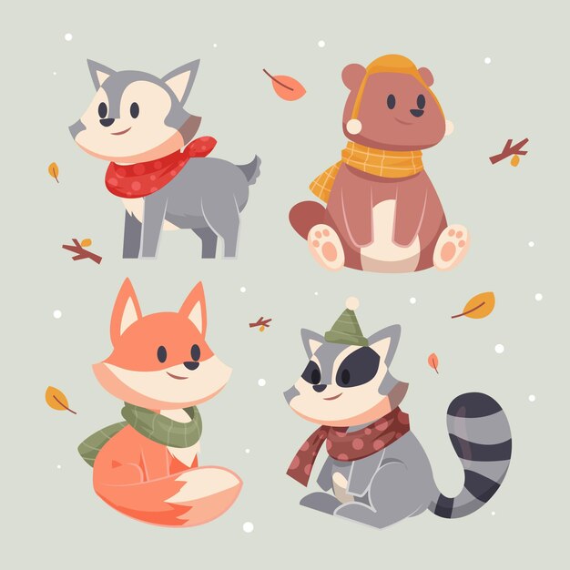 Colección animales de invierno planos dibujados a mano
