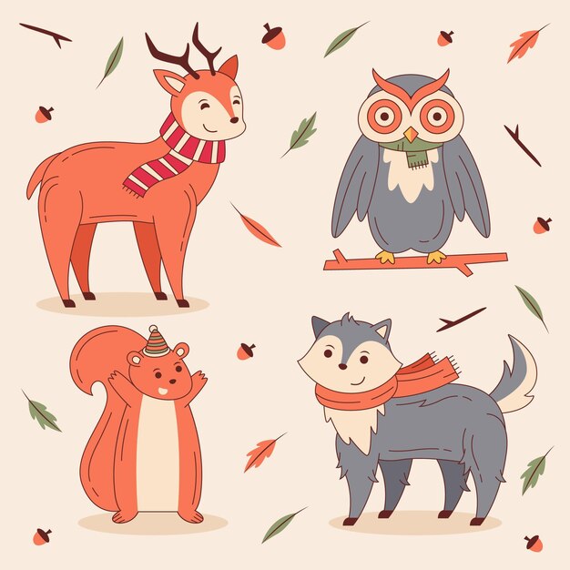 Colección animales de invierno planos dibujados a mano