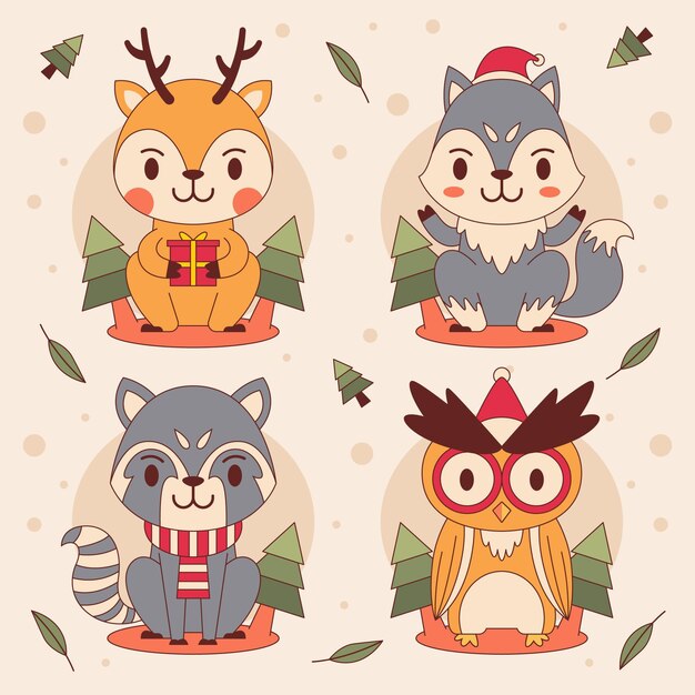 Colección animales de invierno planos dibujados a mano