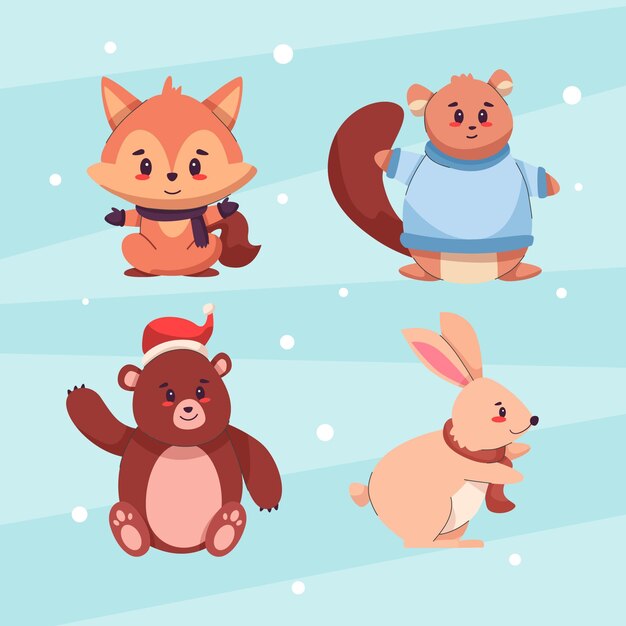 Colección animales de invierno planos dibujados a mano
