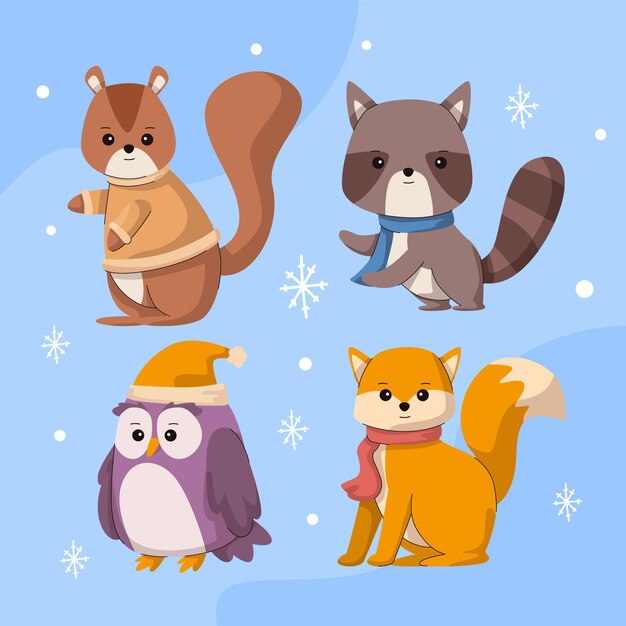 Colección animales de invierno planos dibujados a mano