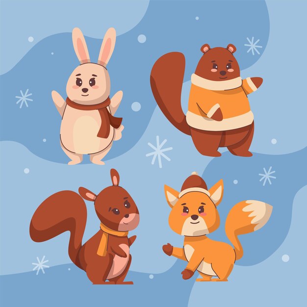 Colección animales de invierno planos dibujados a mano
