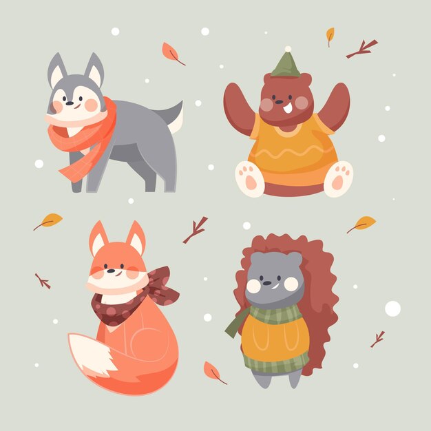 Colección animales de invierno planos dibujados a mano