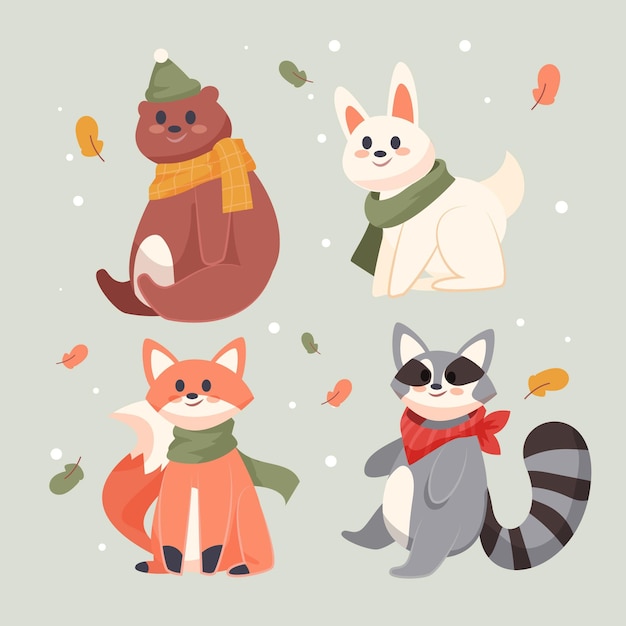 Colección animales de invierno planos dibujados a mano
