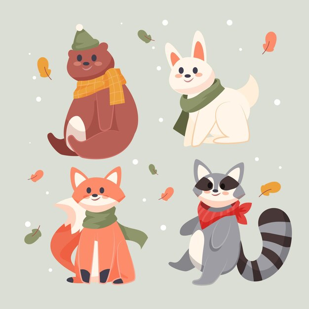 Colección animales de invierno planos dibujados a mano
