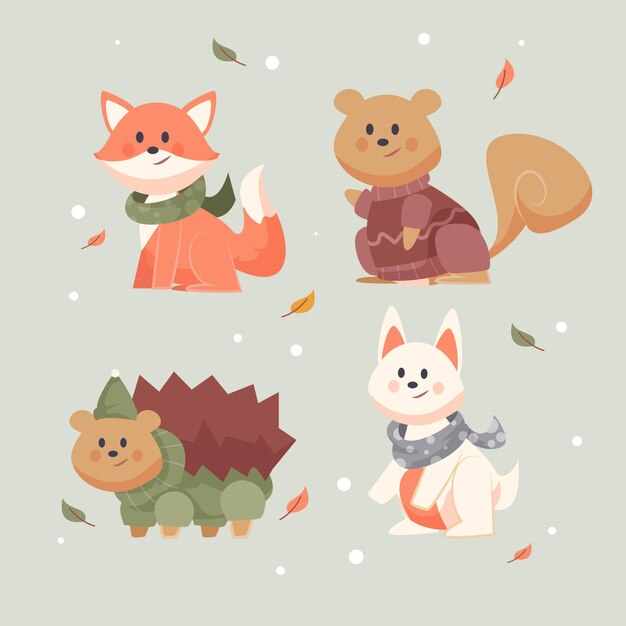 Colección animales de invierno planos dibujados a mano