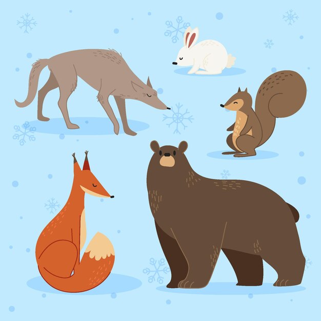 Colección animales de invierno planos dibujados a mano
